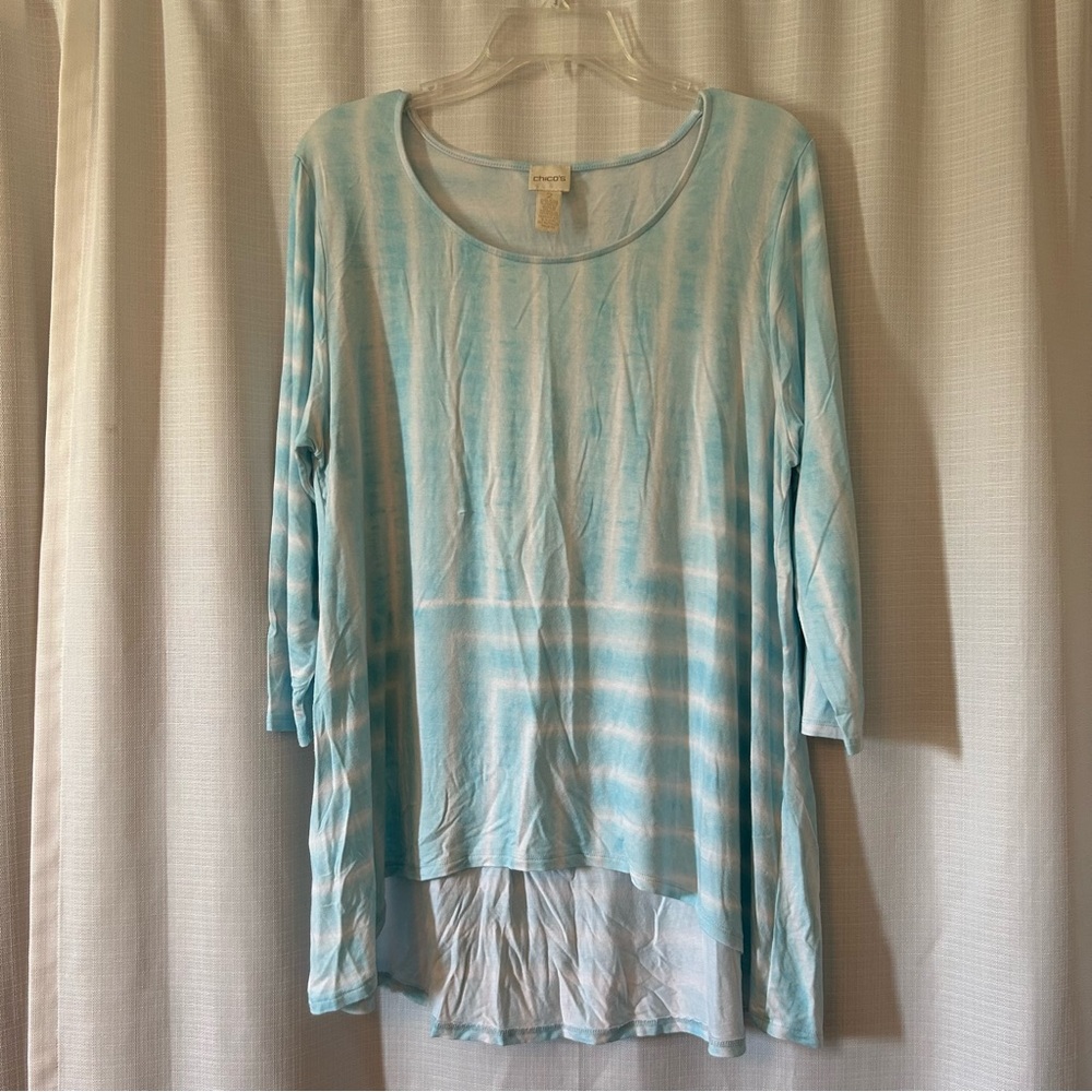 Chico’s Light Blue Striped 3/4 Sleeve Top